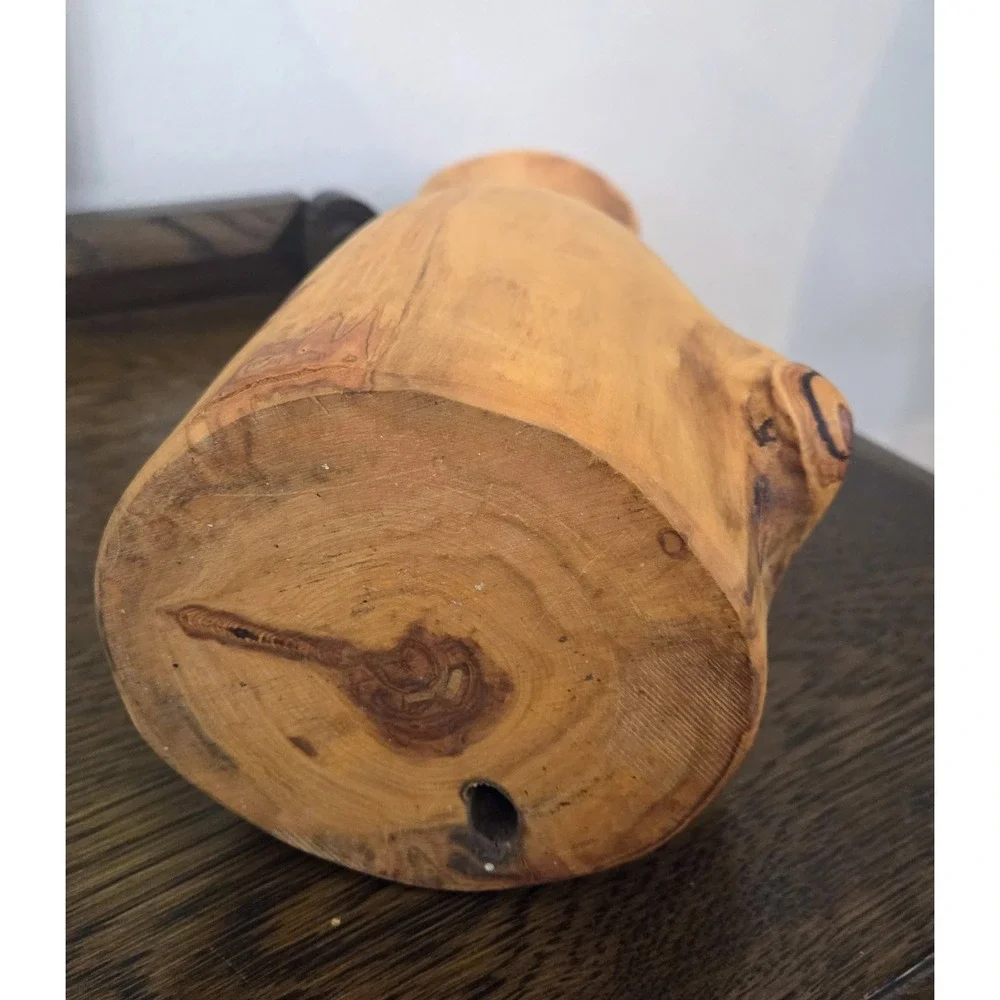 Turned Wooden Vase Rustic Knotty Asymmetrical Flared Rim Solid Piece of Wood 15